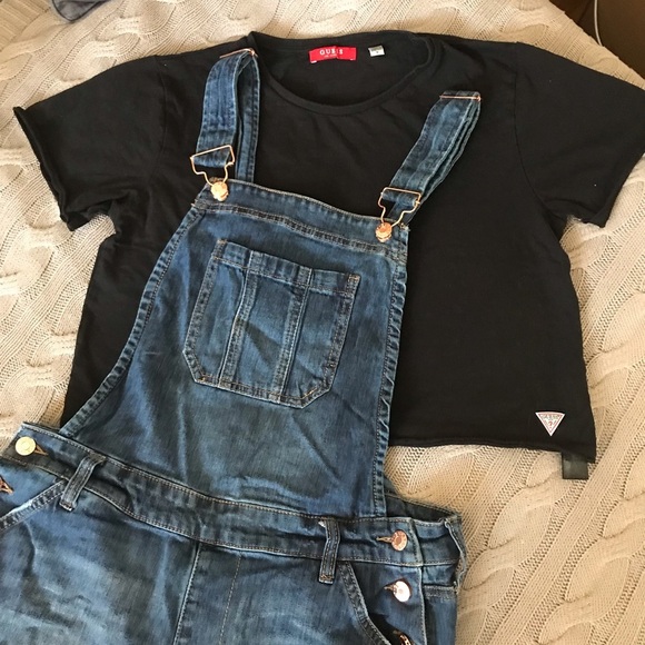 SOLD-Guess black crop top & Guess LA denim overalls - Picture 2 of 2